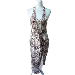 Shein Brown Animal Print Halter Dress Slit Thigh Size Large